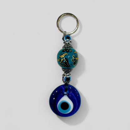 Evil Eye Nazar Boncuk Mal De Ojo Keychain with Hand Painted Ceramic Ball - Green and Gold Floral Tulip