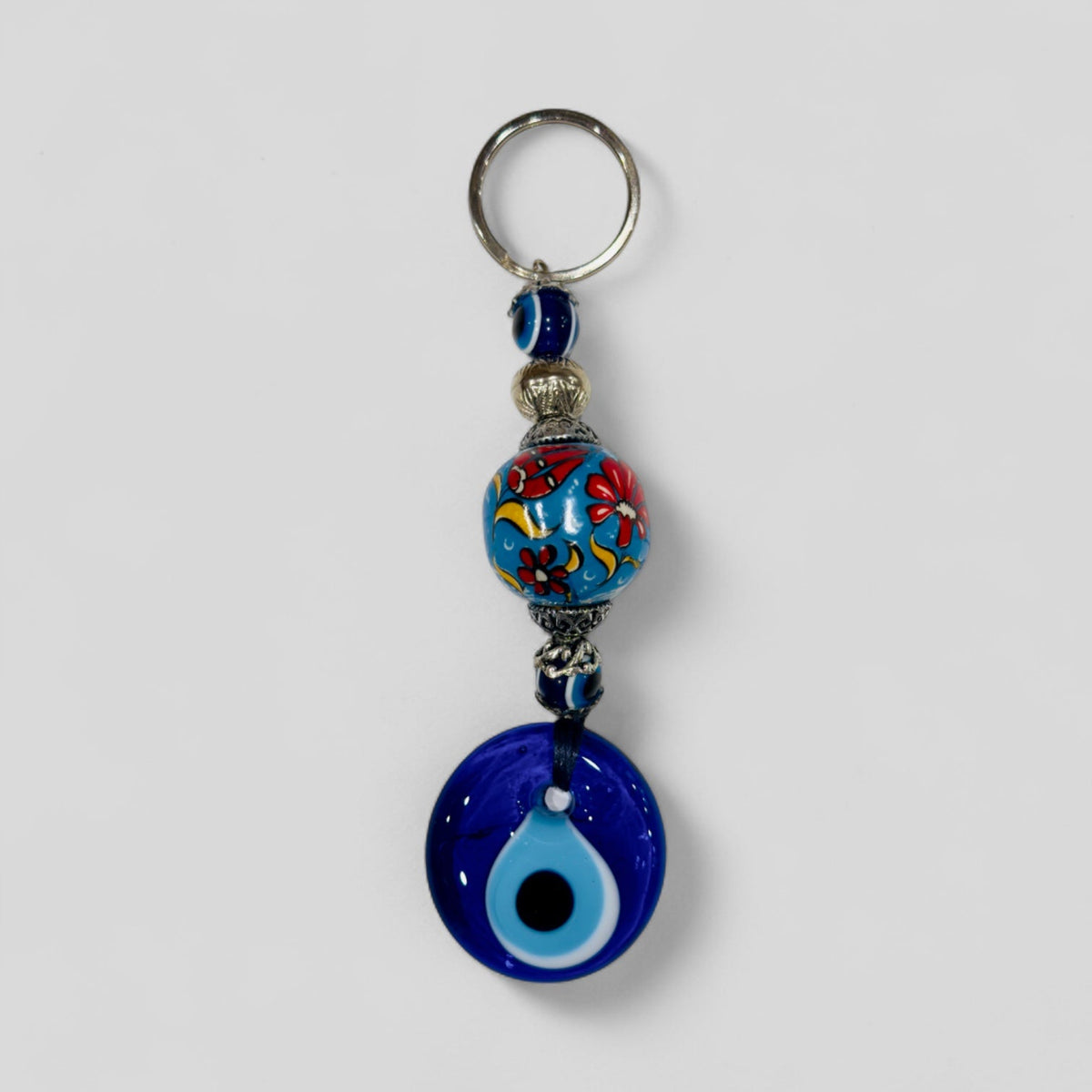 Evil Eye Nazar Boncuk Mal De Ojo Keychain with Hand Painted Ceramic Ball - Light Blue Floral Tulip