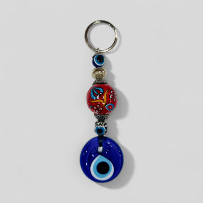 Evil Eye Nazar Boncuk Mal De Ojo Keychain with Hand Painted Ceramic Ball - Red Floral Tulip