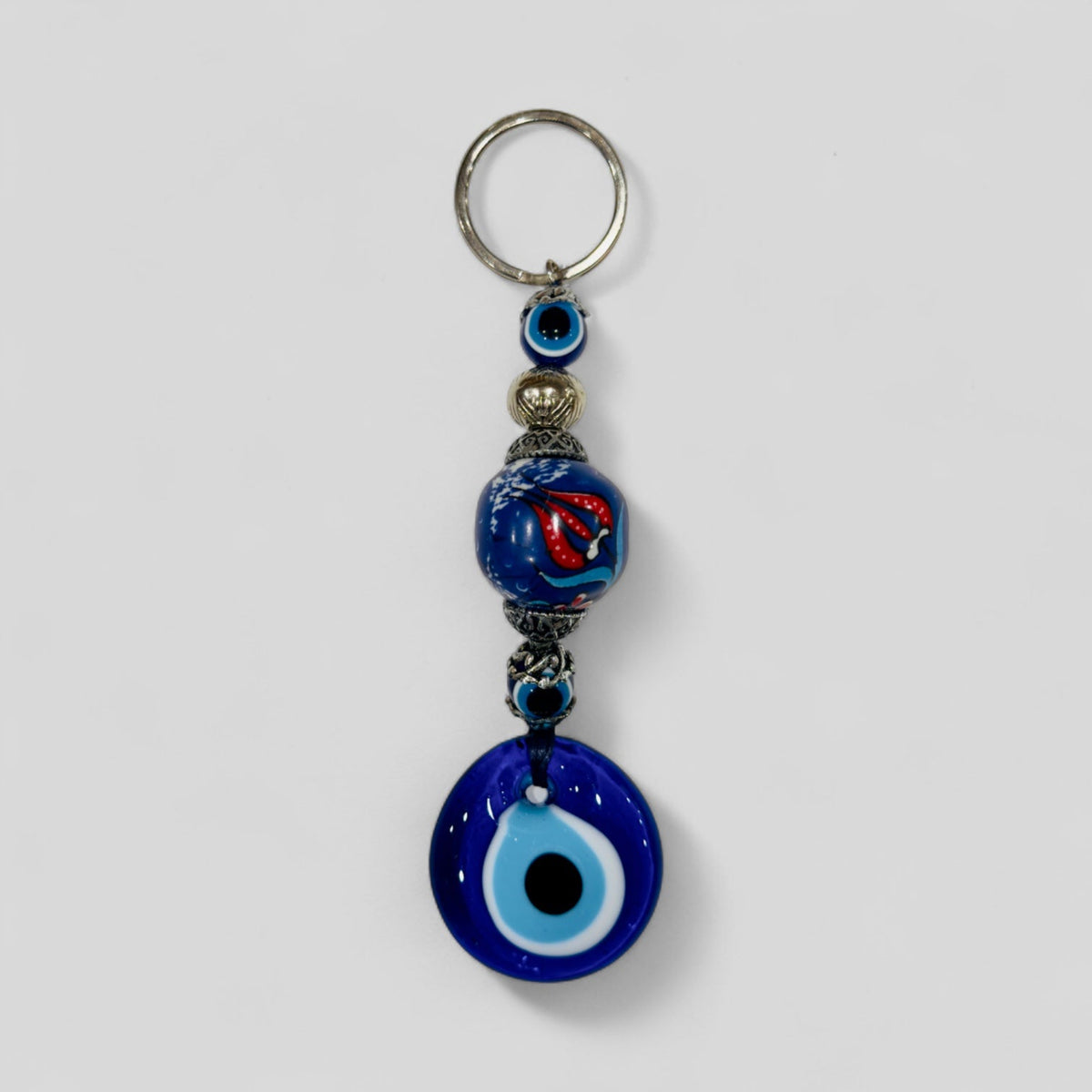 Evil Eye Nazar Boncuk Mal De Ojo Keychain with Hand Painted Ceramic Ball - Blue Floral Tulip