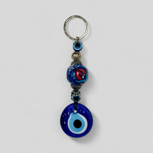 Evil Eye Nazar Boncuk Mal De Ojo Keychain with Hand Painted Ceramic Ball - Blue Floral Tulip