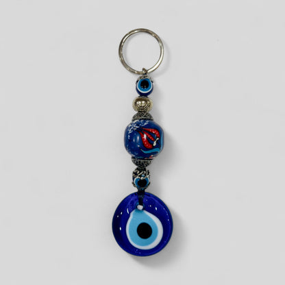 Evil Eye Nazar Boncuk Mal De Ojo Keychain with Hand Painted Ceramic Ball - Blue Floral Tulip