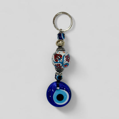 Evil Eye Nazar Boncuk Mal De Ojo Keychain with Hand Painted Ceramic Ball - White & Red Floral Tulip