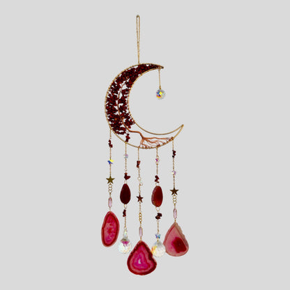 Wall Hanging Crescent Moon Dream Catcher with Red Stones & Hanging Crystal with Red Sliced Agate