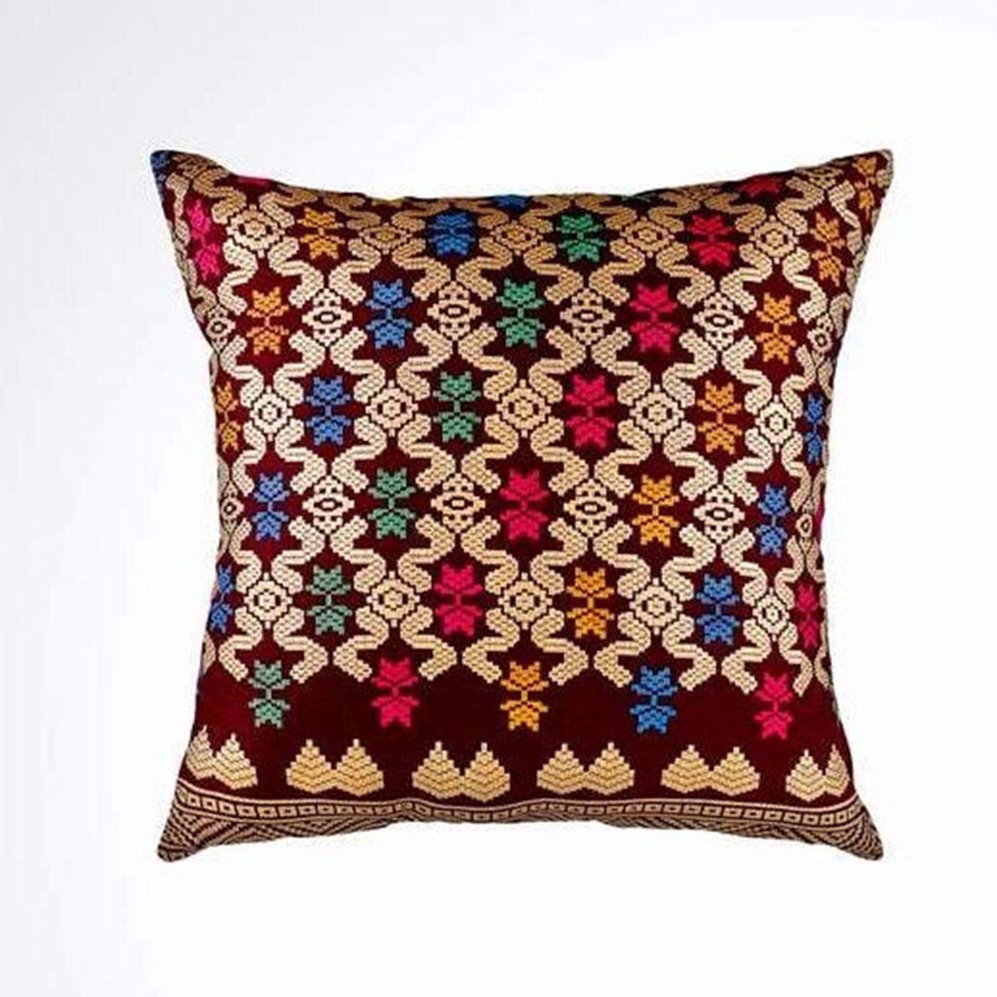 Handwoven Ikat Pillow Cover, Burgundy Red and Gold. Cover Only with No Insert. 16x16 inches, Cushion