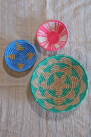 Lizzie African Basket Collection, Teal, Pink, Blue, from Rwanda, Set of 3