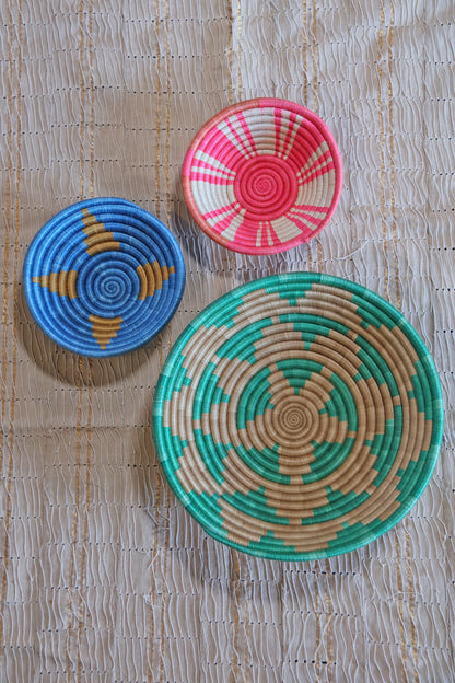 Lizzie African Basket Collection, Teal, Pink, Blue, from Rwanda, Set of 3