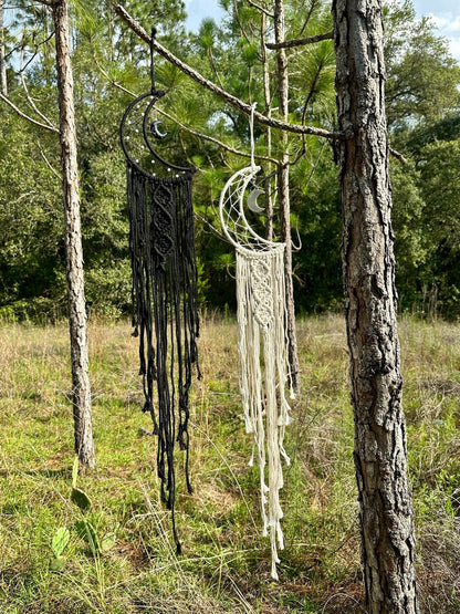Macrame Wall Hanging Crescent Moon Dream Catcher with Moon Charm, Modern Boho Style Home Decor -- Black or Cream