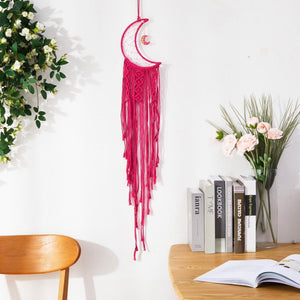 Macrame Wall Hanging Crescent Moon Dream Catcher with Moon Charm, Modern Boho Style Home Decor -- Dark Pink