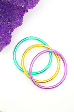 Mardi Gras Thai Buddhist Temple Mantra Bracelets, Thick, Purple, Green Gold Bangles