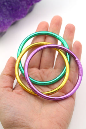 Mardi Gras Thai Buddhist Temple Mantra Bracelets, Thick, Purple, Green Gold Bangles