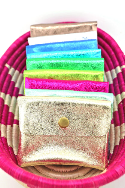 Metallic Italian Leather Coin Purse, 3 Compartments, Zipper Pocket