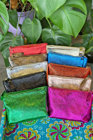 Metallic Italian Leather Zipper Pouch, Purse, 8" Soft Real Leather, Assorted Colors