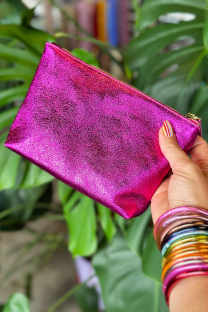 Metallic Italian Leather Zipper Pouch, Purse, 8" Soft Real Leather, Assorted Colors