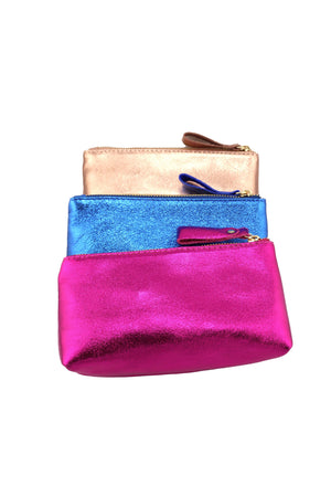 Midi Metallic Italian Leather Zipper Pouch, Purse, 7.5" Soft Real Leather, Assorted Colors