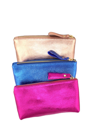 Midi Metallic Italian Leather Zipper Pouch, Purse, 7.5" Soft Real Leather, Assorted Colors
