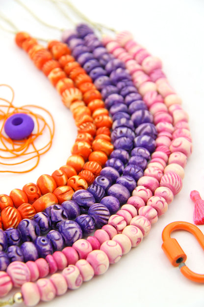 Mixed Party Bright Bone Beads: Hand Carved Assortment, Pink, Orange, Purple, 10-12mm