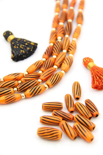Orange & Black Barrel: Hand Carved Bone Beads, 7x17mm, 11 Pieces
