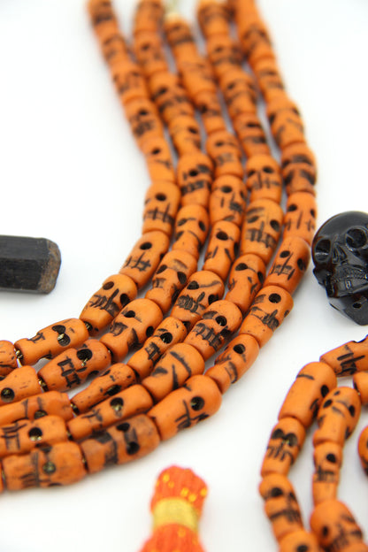 Hand-Carved Skull Bone Beads: 6x12mm, Orange Brown Sugar Skulls