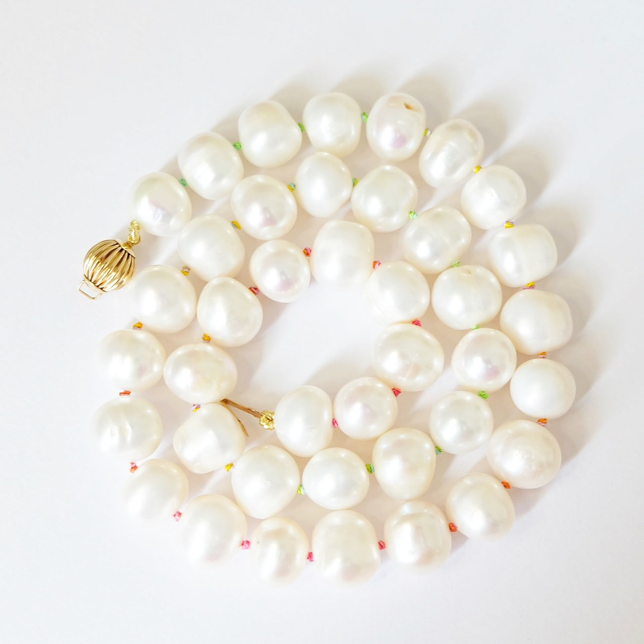 Pearl Necklace on Rainbow Silk 14K Gold