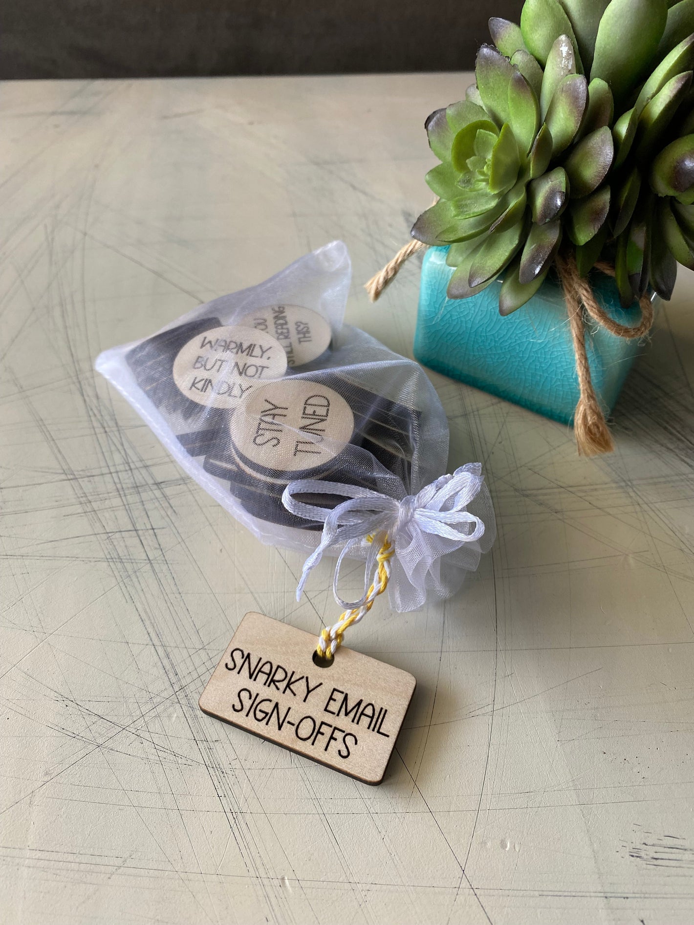 Snarky Email Sign-Offs - 30 wood tokens in an organza bag