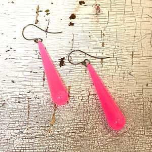 Neon Pink Opal Long Teardrop lucite statement earrings