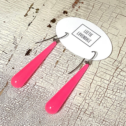 Neon Pink Opal Long Teardrop lucite statement earrings