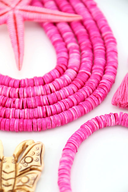 Bright Pink Bone Heishi Disc Beads, 7mm, 100 beads