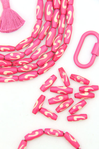 Pink Comma Barrels: Hand Painted Bone Beads, 6x18mm, 12 pieces