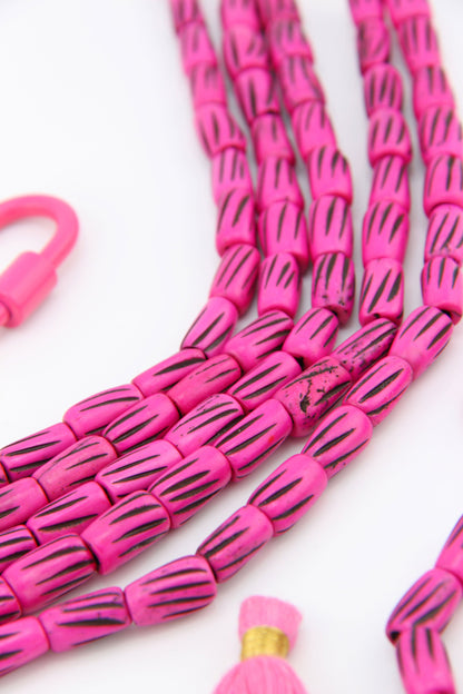 Magenta Pink & Black Striped Teardrop Barrels: Hand Carved Bone Beads, 6x12mm