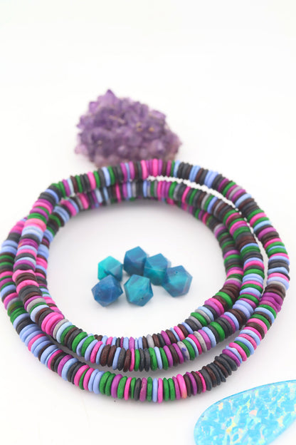 8mm Purple, Green Multi Color Natural Heishi Spacer Beads, Long Necklace