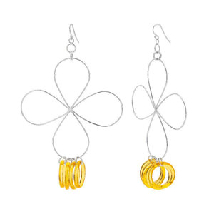 Yellow and Silver Flower Drop Earrings