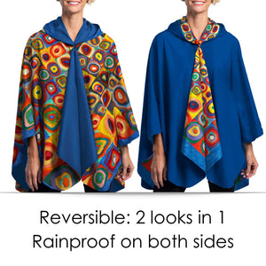Kandinsky Squares with Concentric Circles Reversible Rain Cape Poncho – Lightweight Hooded Wrap for Women