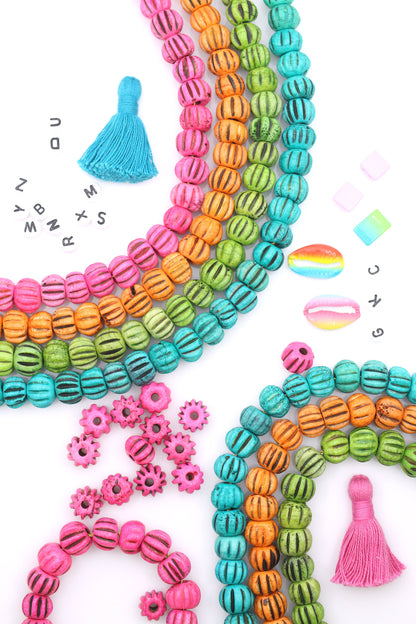 Hand Carved Melon Rondelle Bone Beads,12mm, Pink, Green, 25 pieces