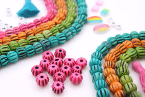 Hand Carved Melon Rondelle Bone Beads,12mm, Pink, Green, 25 pieces