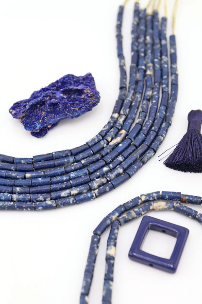 Navy Blue Speckled Bone Tube Beads, 4x9mm