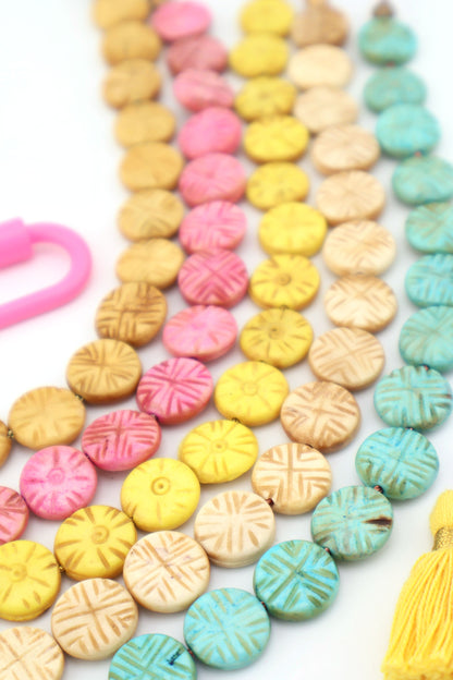 Spring Pastel Carved Coin Bone Bead, 14mm, 16 pieces