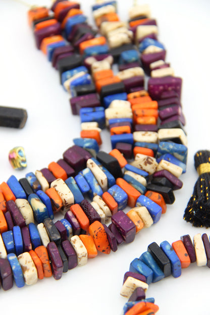 Large Chips, Square-ish Bone Spacer Beads, Orange, Blue, Purple, Black 55+ beads