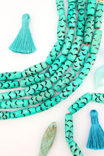 Mermaid Bone Beads: Carved Teal Barrel Tube Beads, 8x12mm