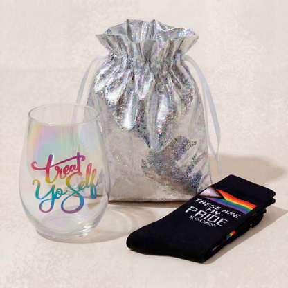 Treat Yo Self Gift Set | Jumbo Wine Glass & Pride Socks in Gift Bag | Ready to Gift!