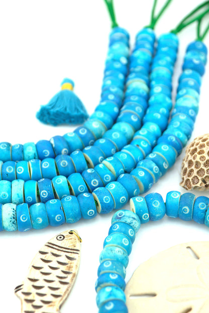 Large Hole Turquoise Blue Carved Donut Shaped Bone Beads, 14x7mm