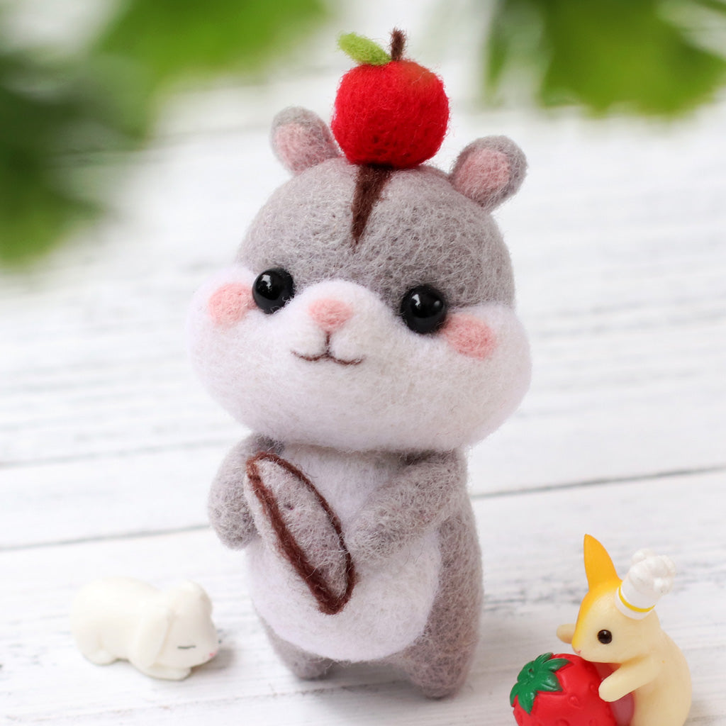 Hamster with Cherry Needle Felting Kit. Wizardi DIY Wool Craft Kit F07N8-128