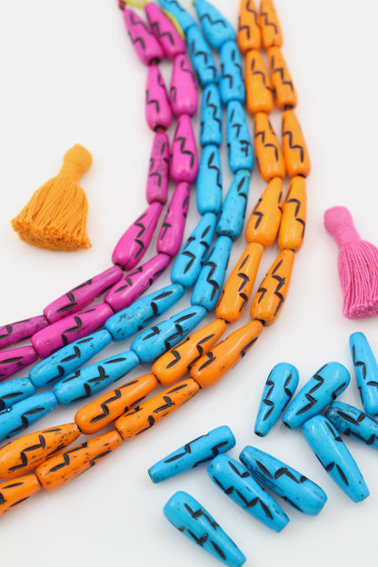 Lightning Bolt: Pink, Blue or Orange & Black Bone Beads, 7x24mm