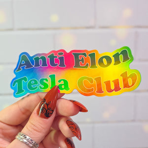 Anti Elon Tesla Club Holographic Sticker, 4 x 1.75 in.