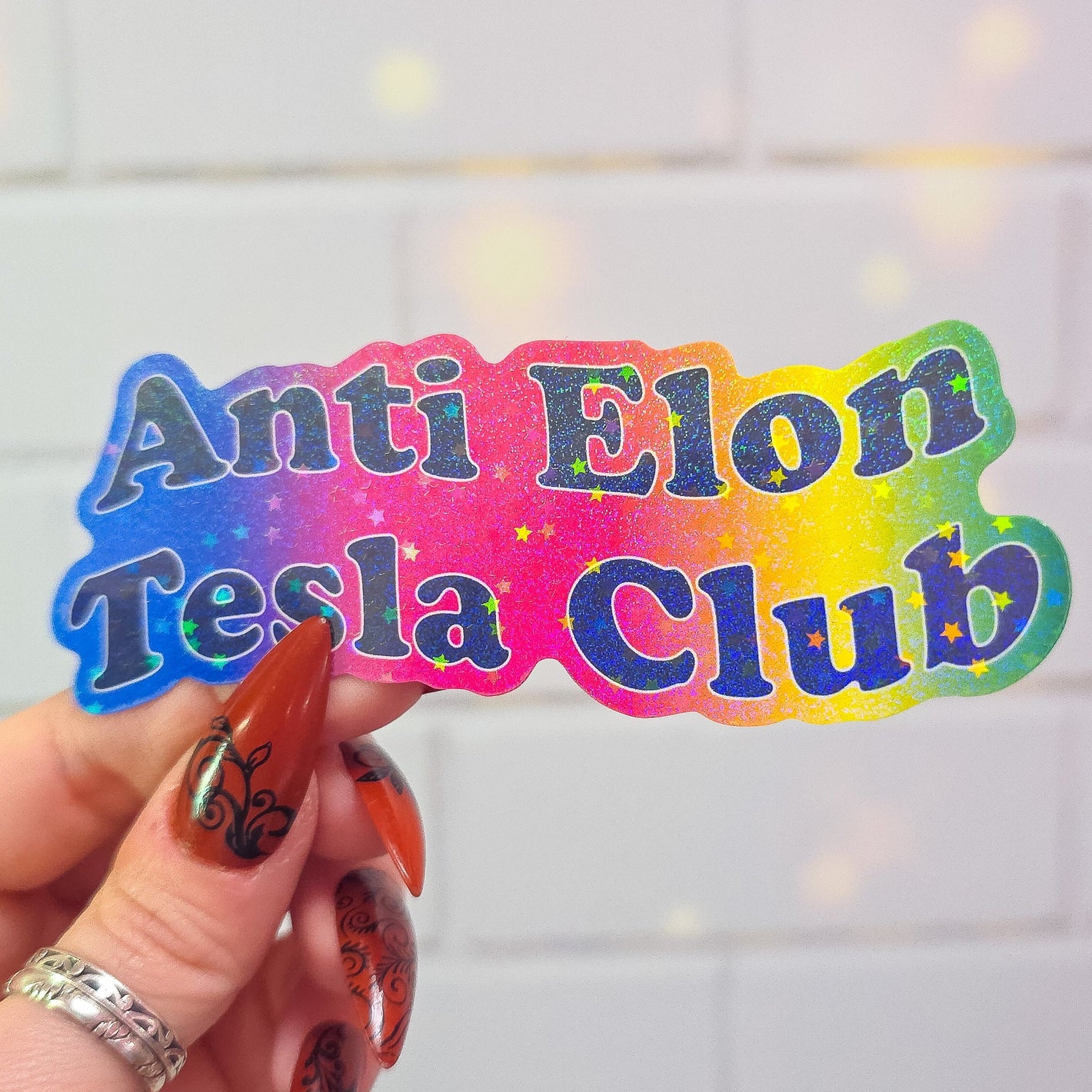 Anti Elon Tesla Club Holographic Sticker, 4 x 1.75 in.