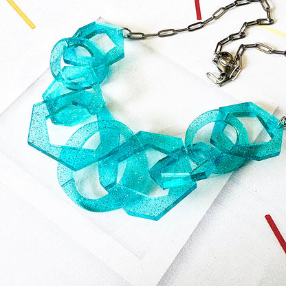 Aqua Glitter Abstract Chain Necklace