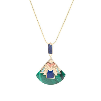 Art Deco Colorful Inlay Golden Pendant Necklace