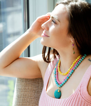 St. Augustine Pink Agate and Blue Turquoise Golden Pendant Necklace