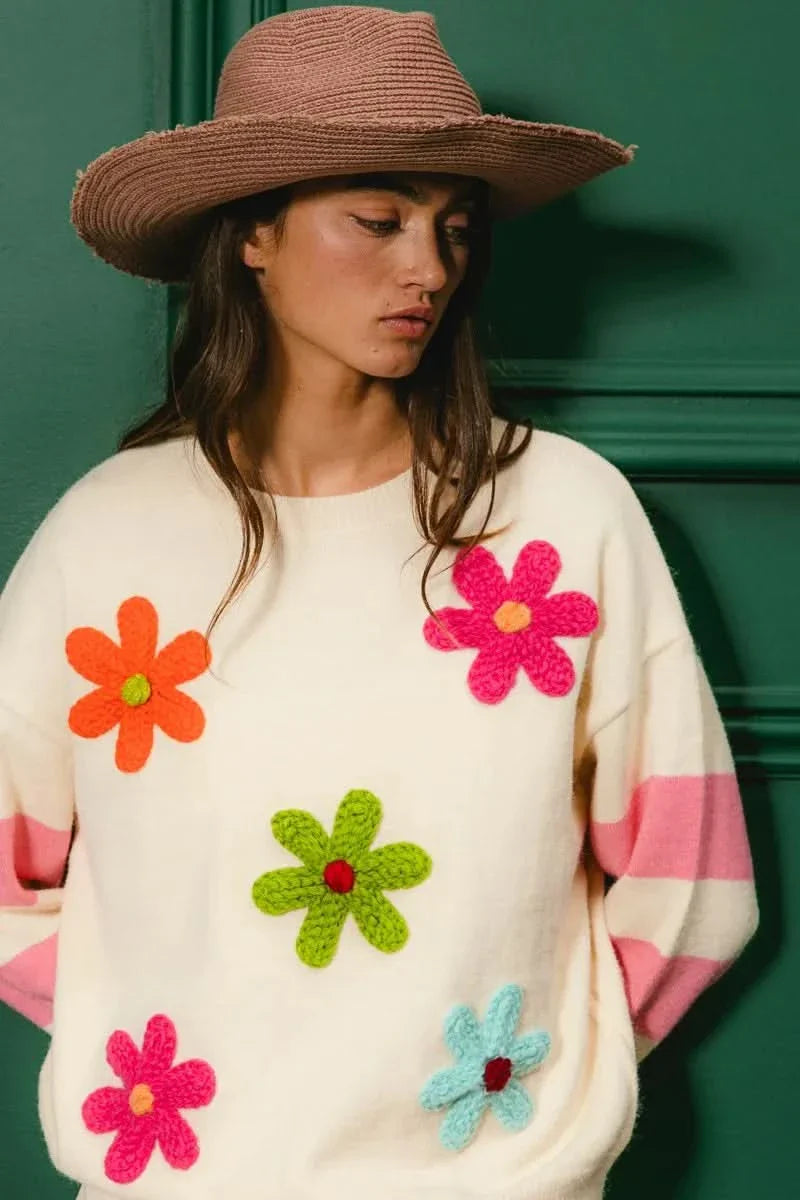BiBi Colorful Floral Patched Sweater With Striped Sleeves