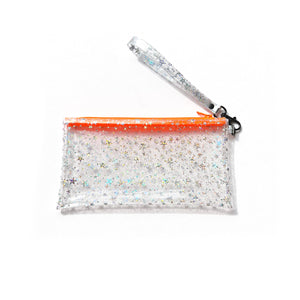 Clear Glitter Stars Wristlet Pouch | neon orange zipper